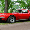 Antique red Chevrolet Corvette Stingray parked on a rural road in Newfoundland, surrounded by green trees and countryside.