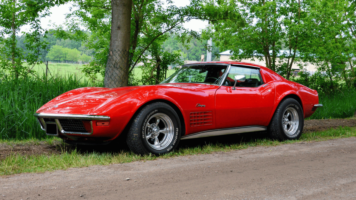 Antique red Chevrolet Corvette Stingray parked on a rural road in Newfoundland, surrounded by green trees and countryside.
