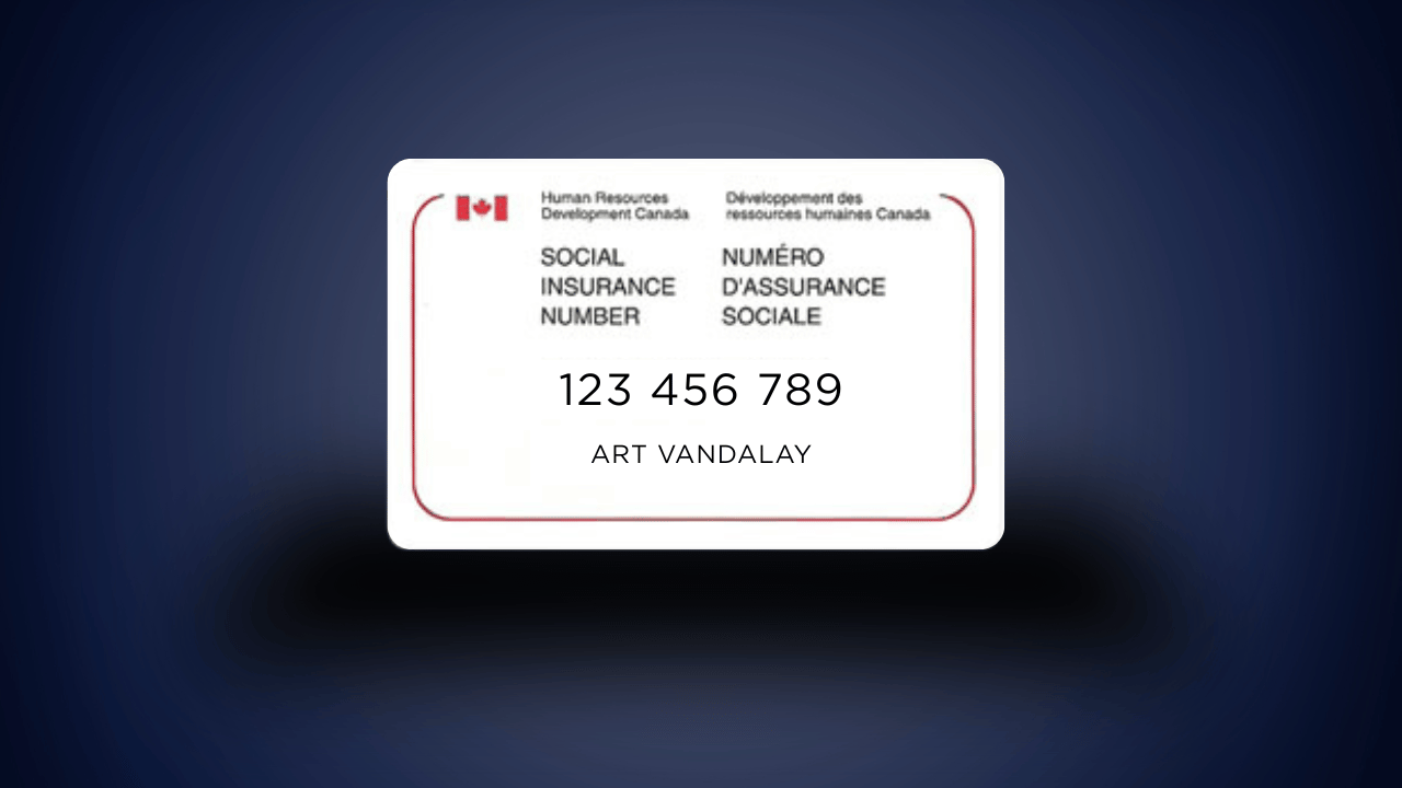Example of a Canadian Social Insurance Number (SIN) card showing a sample number and name, highlighting personal information at risk of identity theft.