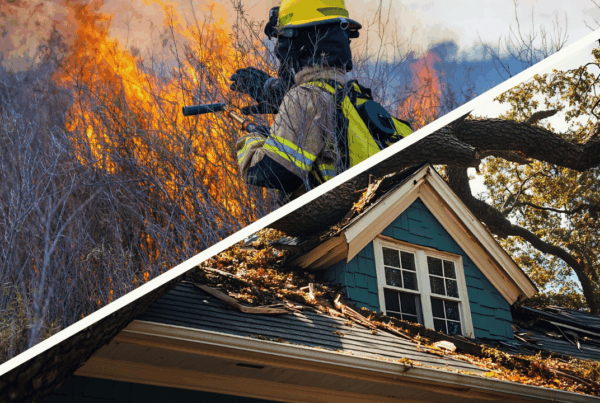 Split image showing a firefighter battling a wildfire on the left, and storm damage with a fallen tree on a house roof on the right, representing the impact of wildfires and hurricanes in Atlantic Canada.