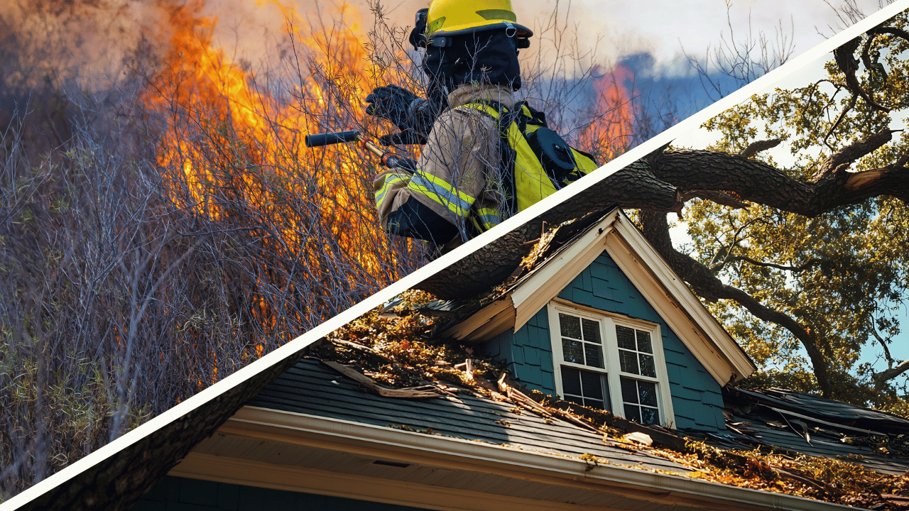 Split image showing a firefighter battling a wildfire on the left, and storm damage with a fallen tree on a house roof on the right, representing the impact of wildfires and hurricanes in Atlantic Canada.