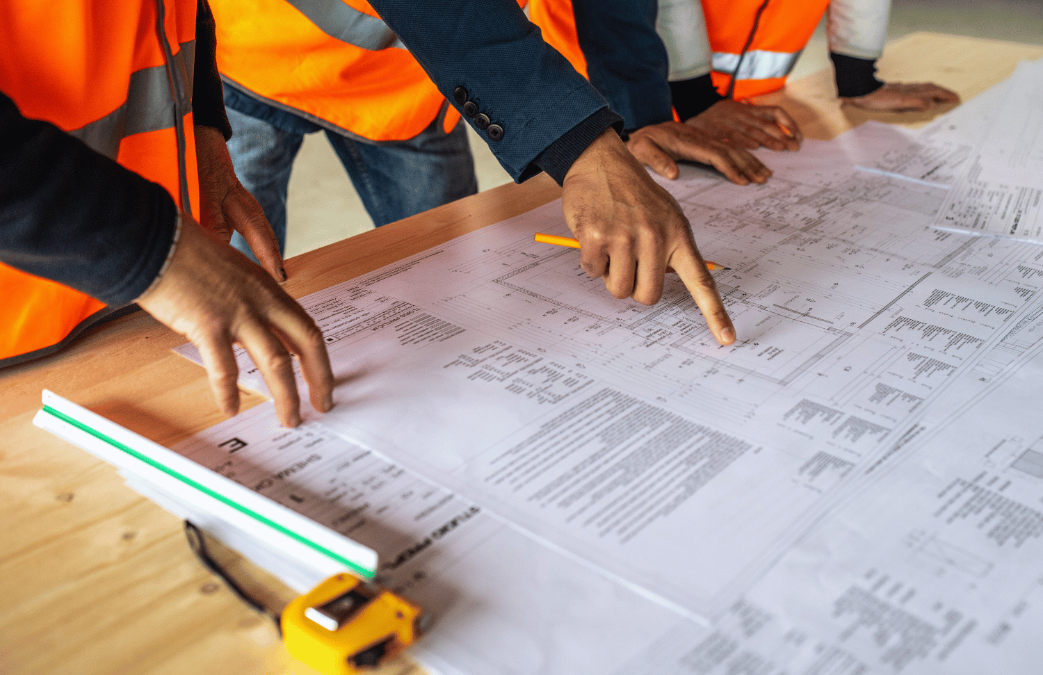Construction professionals wearing safety vests review detailed blueprints at a worksite table, highlighting the role of surety bonds in keeping projects on track and protecting subcontractors.
