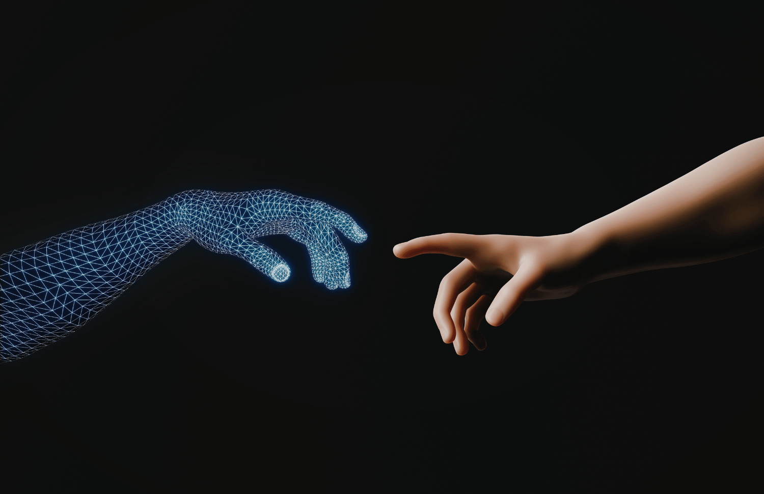 A digital wireframe hand reaches toward a human hand, symbolizing the connection between artificial intelligence and human interaction, and highlighting the growing risk of AI-driven cyber threats for businesses.