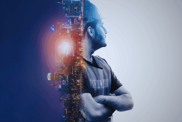 A construction worker in a hard hat stands with arms crossed, overlaid with a glowing city skyline, symbolizing the connection between modern construction and digital technology risks.