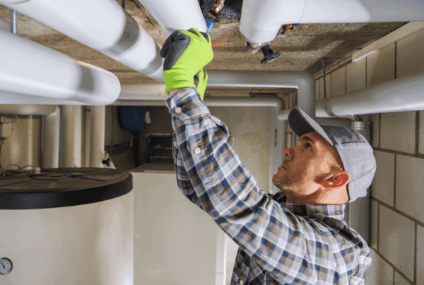 Tradesperson inspecting insulated piping in a mechanical room, highlighting common insurance gaps for service and contracting businesses.