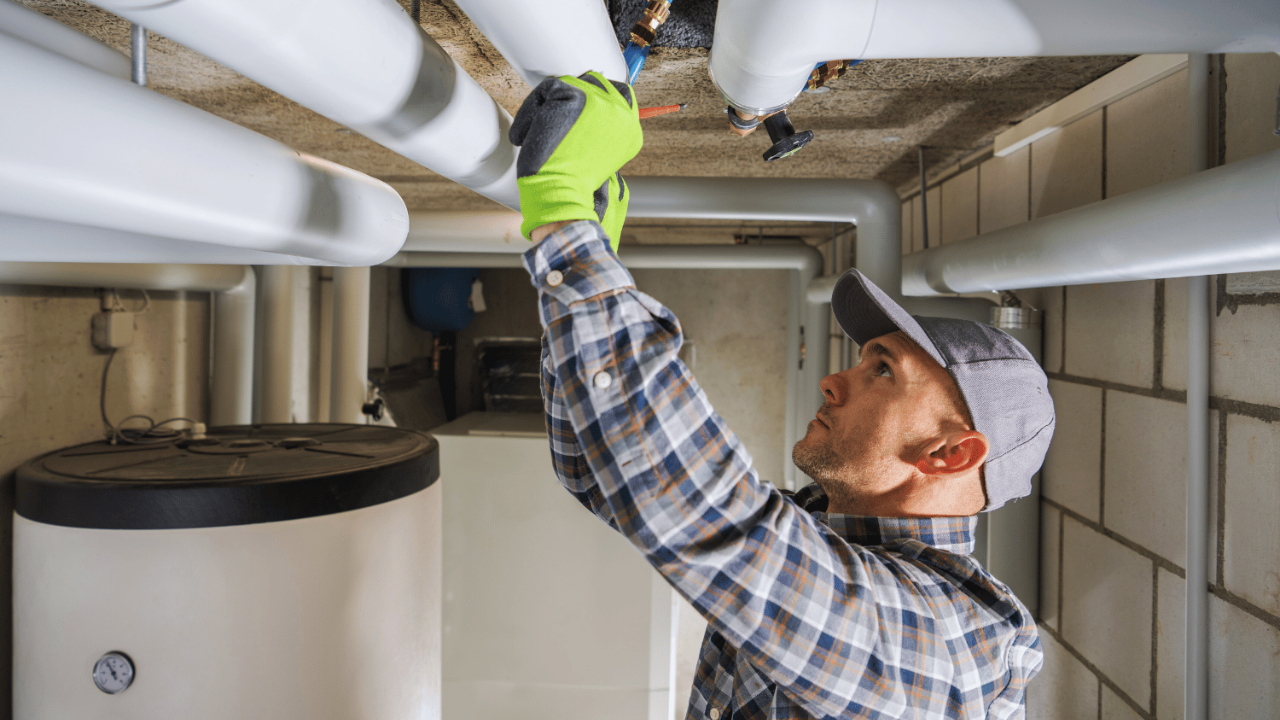 Tradesperson inspecting insulated piping in a mechanical room, highlighting common insurance gaps for service and contracting businesses.