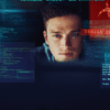 Cybersecurity threat visualization showing a business professional surrounded by digital code and malware alerts, representing cyber risk and the importance of prevention and response services in cyber insurance.