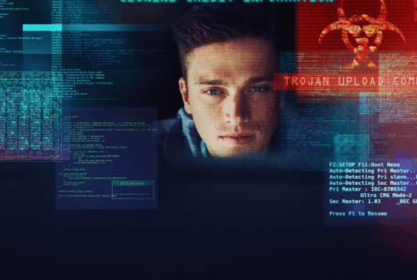 Cybersecurity threat visualization showing a business professional surrounded by digital code and malware alerts, representing cyber risk and the importance of prevention and response services in cyber insurance.
