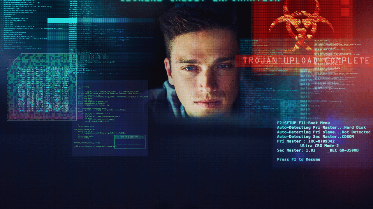 Cybersecurity threat visualization showing a business professional surrounded by digital code and malware alerts, representing cyber risk and the importance of prevention and response services in cyber insurance.