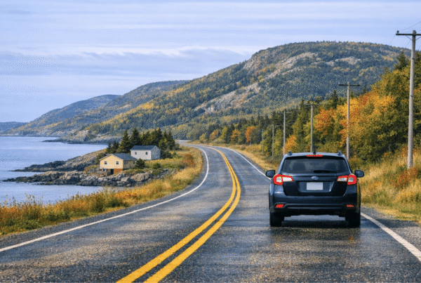 Car travelling along a coastal highway in Newfoundland and Labrador in fall driving conditions.