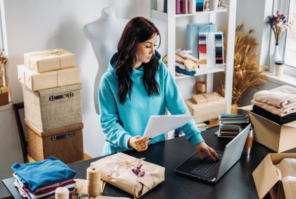 Small business owner reviewing insurance documents at her desk surrounded by packaged orders and clothing inventory in Newfoundland.